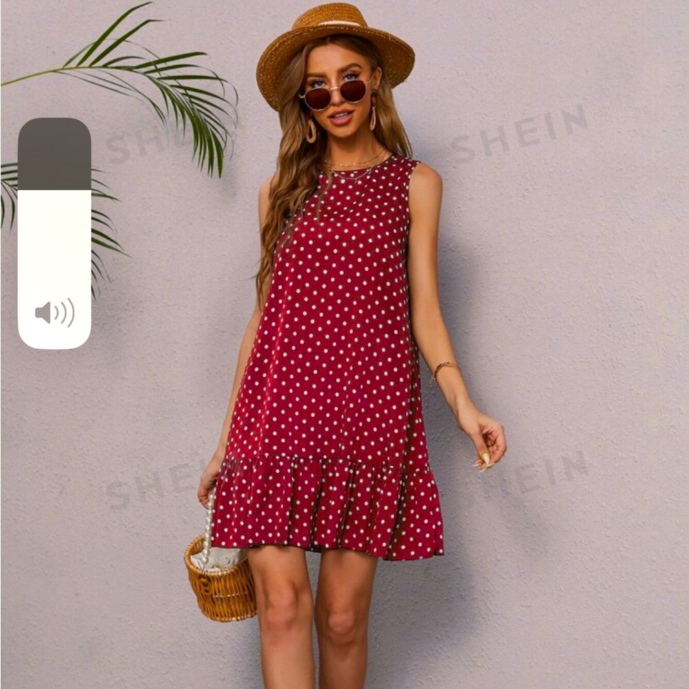 SHEIN LUNE•Emery Rose•Polka Dot Ruffle Hem Dress•Burgundy in color• Size S